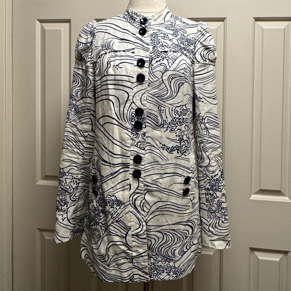 elevenses ANTHRO BRAND 2000s cream linen blend Jacket/dress with Navy Accents